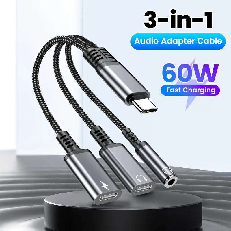 Earphone Splitter Jack - Cabo adaptador de áudio tipo c